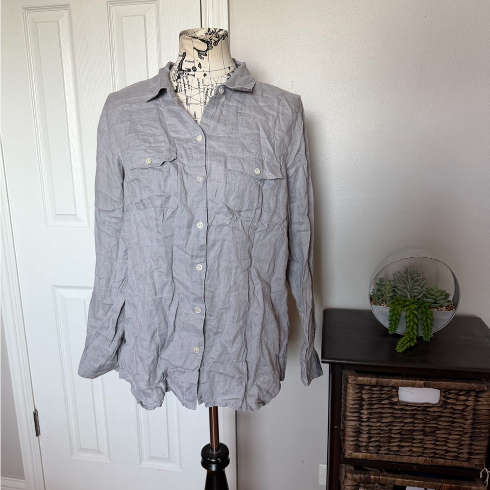 J. Jill 100% Linen Gray Button Down Shirt minimalist coastal neutral long sleeve